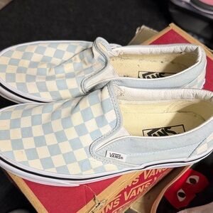 Vans Light Blue and Cream Checkered Slip-Ons
